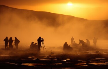 Wall Mural - People are standing around a hot spring at sunset. AI