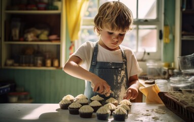 A kid baking cupcakes in a bakery studio. Generative AI