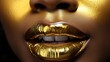 Macro Photography of a Woman's Golden Lip. Fashion Lady. Reflective and Shiny Lip.
