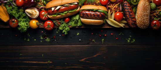 Wall Mural - Summer BBQ food table scene with a dark wood background showing a top view of hot dogs and hamburgers buffet with copyspace for text