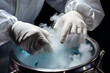  IVF treatment. Artificial insemination. Close-up hand working with liquid nitrogen from cryogenic tank at sciences laboratory. High tech medical lab equipment used in vitro fertilization process