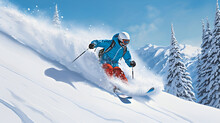 The Skilled Skier, Dressed In Vivid Winter Attire, Effortlessly Glides Through The Fresh Powder With Precision. A Skier Rides Down The Slope In Winter, Skiing On Snowy Mountains.