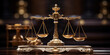 A set of antique, golden scales balanced perfectly on a marble table, elegant courtroom backdrop