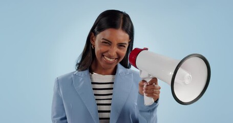 Wall Mural - Pointing, recruitment and face of a woman with a megaphone for communication or announcement. Excited, motivation and portrait of an hr employee with a speaker for hiring on a studio background