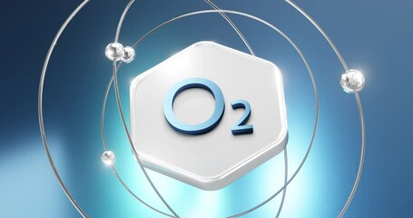 Sticker - element o2 oxygen symbol located on a hexagon with atoms and orbits, dioxygen, pure air diatomic gas