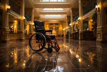 Wheelchair standing in lobby hall. Using chair for disabled person during travel, receiving help and assistance in wheelchair-friendly and accessible hotel. People with mobility impairment concept