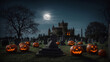 big pumpkins in the cemetery at night on a full moon halloween Night