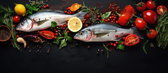 Wall Mural - Fresh fish with herbs spices and veggies on a vintage background healthy food diet or cooking idea with copyspace for text