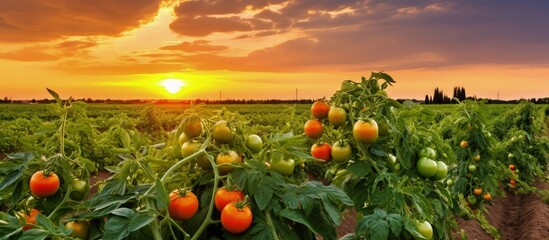 Wall Mural - Tomatoes growing in South Ukraine s green agriculture field under an orange sunset in cloudy skies with copyspace for text