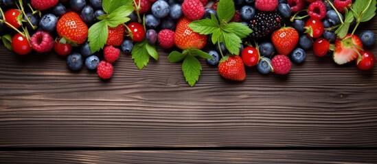 Poster - Organic berries on wooden background representing agriculture and gardening concepts of summer or spring harvest