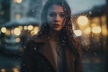 A Woman On The Street In The Rain Looks Out The Window