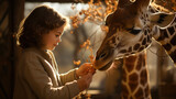 Fototapeta  - Generative AI, child, boy or girl petting a tall spotted giraffe on a safari in the wild, reserve, Africa, national park, zoo, animal and human, travel, feeding, care, children, kid, naturalist