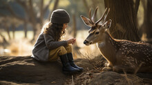 Generative AI, Child, Boy Or Girl Petting And Feeding A Deer In A Zoo, Reserve, Fawn, Kid, Nature, Sika Deer, Park, Roe Deer, Fallow Deer, Forest, Wild Animal, Baby, Trees, Zoology, Young Naturalist