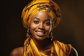 Wall Mural - close up portrait beautiful African girl wearing headwrap colorful vibrant tone color, Generative Ai