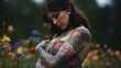 Standing amidst a field of brightly colored wildflowers, a figure with an enigmatic gaze and tattoos covering their entire body tenderly cradles a newborn animal in their arms.