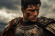 A gladiator with a scarred face and intense eyes, posing against a backdrop of a stormy sky, his pose mirroring the turbulent inner battles he faces both inside and outside the arena.