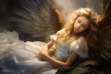 Fototapeta  - close up portrait fairy angel lay down on bed, Generative Ai