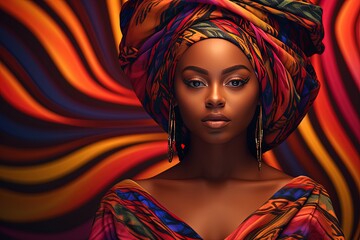 Wall Mural - close up portrait beautiful African girl wearing headwrap colorful vibrant tone color, Generative Ai