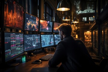 Poster - financial analysts closely examining market data on multiple screens, searching for signs of recover