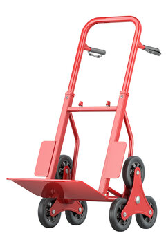 Stair Climbing Hand Truck, red color. 3D rendering isolated on transparent background