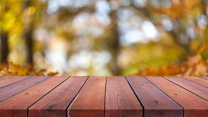 Sticker - The empty blank wooden table with background of autumn.