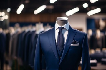 Poster - Mannequin in the show room, suits atelier concept. Background with selective focus and copy space