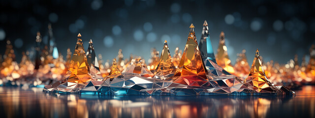 Beautiful abstract background. Transparent colorful glass piramids with bokeh lights. Banner. Iridescent design element for print, card, website, backdrop, wallpaper.