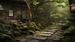 An artistic composition capturing the elegance of a Japanese tea garden with a stone path, bamboo fence, and tea house. Background image, AI generated