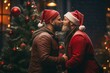 baiser gays entre deux homosexuels déguisés en Père Noël dans la rue