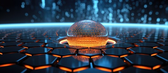 Poster - Concept of protection and security portrayed through a hexagon grid sphere nano shield with glowing edges reflected on the floor illuminated by a dim light at the center Ideal for your te