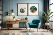 Retro composition of living room interior with two mock up poster maps, wooden shelves, books, armchair, plants, cactus, vinyl record, decorations and personal accessories in stylish home decor.