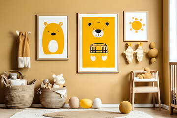 Stylish yellow matte scandinavian newborn baby room with three wooden mock up poster frame, toys