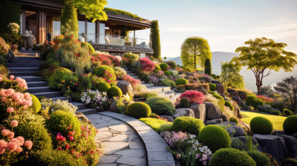 Landscaped garden with stairs in summer, luxury home backyard design