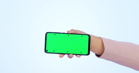Poster - person, hand and phone with green screen in marketing or advertising against a studio background. cl