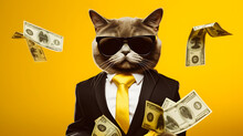 Cool Rich Successful Hipster Cat With Sunglasses And Cash Money. Yellow Background