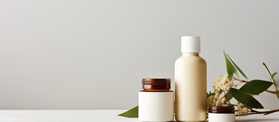 Poster - Organic cosmetic packaging with leafy woody design for skincare products in natural bio formulation