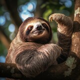 Fototapeta  - A contented sloth hanging upside down from a tree branch, its eyes closed in relaxation