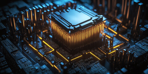 Poster - illustration of an electronic circuit board with processor elements in an abstract technology textur