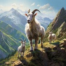 The Challenging Migration Of A Family Of Mountain Goats, Skillfully Scaling Steep Cliffs And Rocky Terrain In Search Of Fresh Grazing Grounds