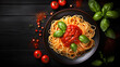 Italian spaghetti with basil garnish and herbs on black wooden board background, Plate of delicious Italian pasta on dark wood table counter, text copy space, top down view, flat lay,