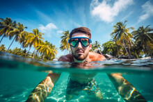 Handsome Young Man Snorkeling In The Shallow Tropical Clean Ocean, Enjoying Swimming Underwater On Holidays