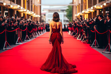 Beautiful attractive woman waking down the red carpet in gorgeous red dress with photographers surrounding her and taking pictures