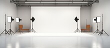 Empty photo studio with white screen and lighting equipment