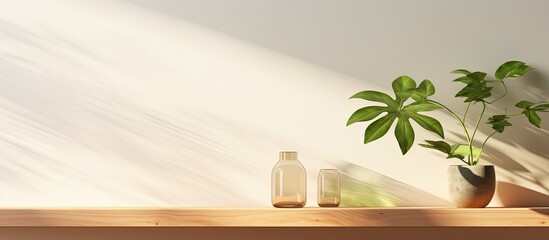 Sticker - Realistic an oak wood shelf with green plant in a glass vase sunlight casting foliage shadow on a beige wall Mock up with product overlay showcasing nature