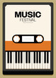 Music poster template design background with piano keyboard and cassette tape vintage retro style