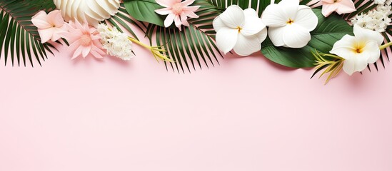 Poster - Tropical summer scene featuring green leaves white flowers and a pink background