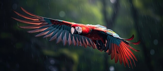 Wall Mural - Scarlet Macaw Ara macao flying in green forest with back light and rain Wildlife scene from tropical nature
