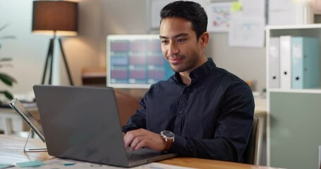 Fototapete - Happy man in office, typing on laptop and planning online research for creative project at professional digital agency. Internet, website and networking, businessman with smile and computer for email