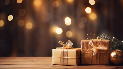 Wall Mural - gift boxes on wooden table. Christmas and new year background with blur festive bokeh lighting