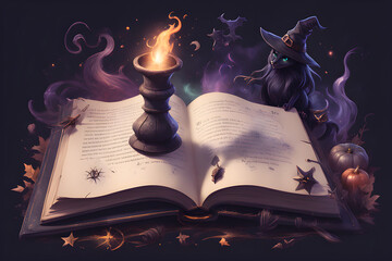 A witch's spellbook with arcane symbols with candles